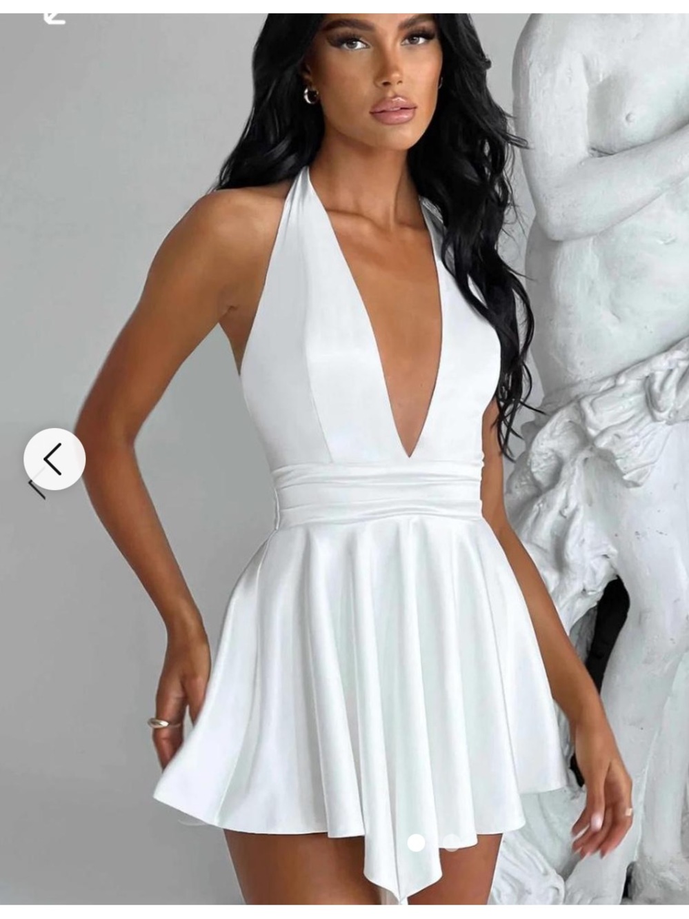 Deep V White Halter Mini Dress with Flared Skirt